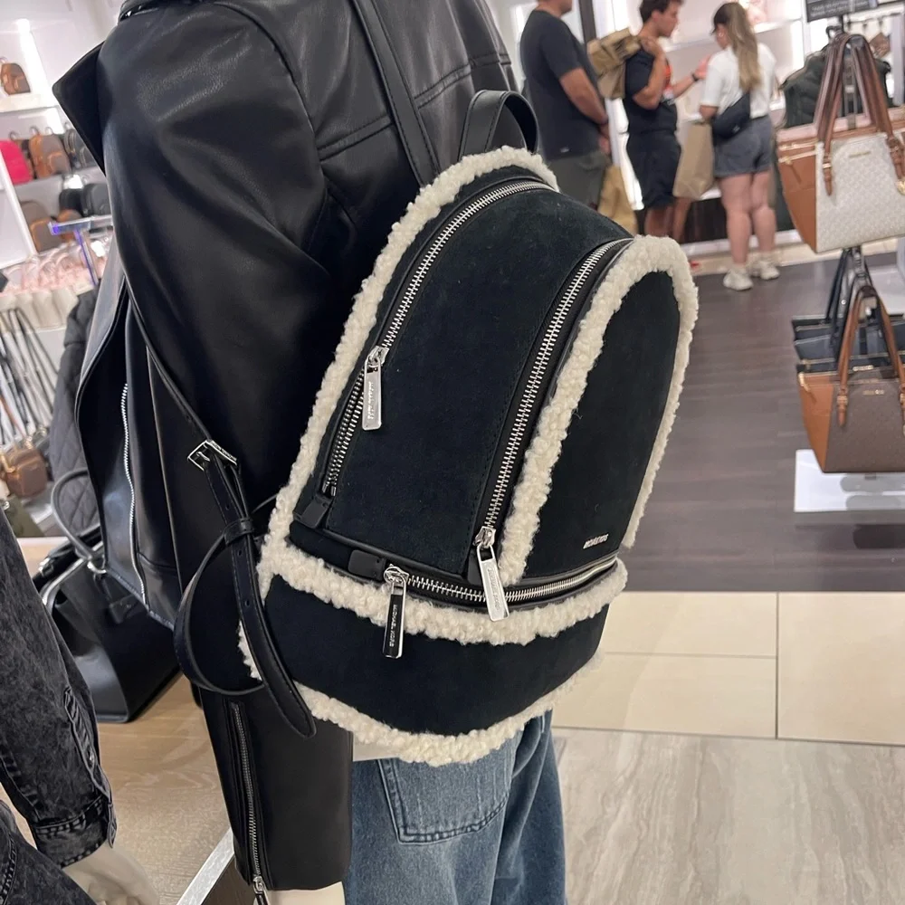 MICHAEL KORS Rhea Medium Suede and Faux Shearling Backpack Black NWT